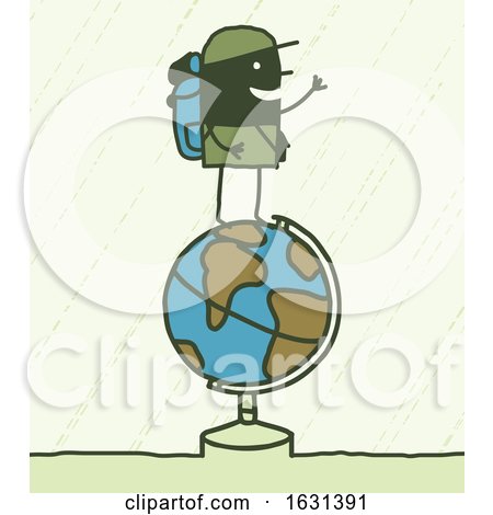 Black Stick Man Trekker on Top of a Globe by NL shop