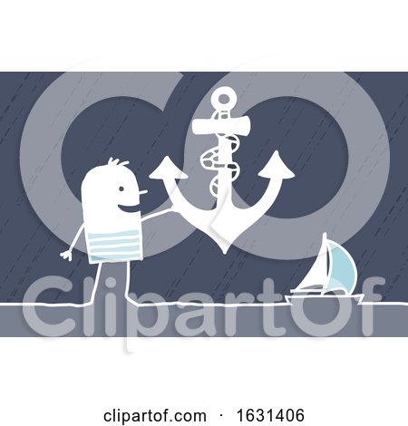 White Stick Man Sailor Holding an Anchor near a Sailboat by NL shop