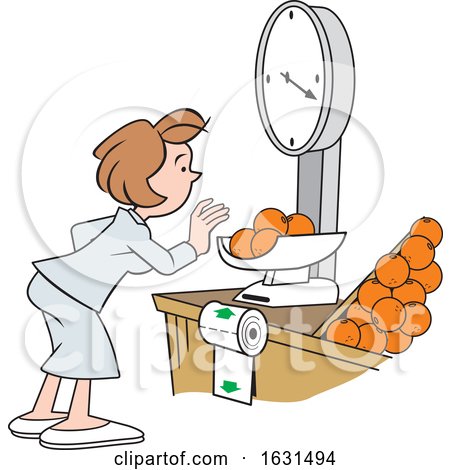 White Woman Weighing Oranges on a Grocery Store Scale by Johnny Sajem