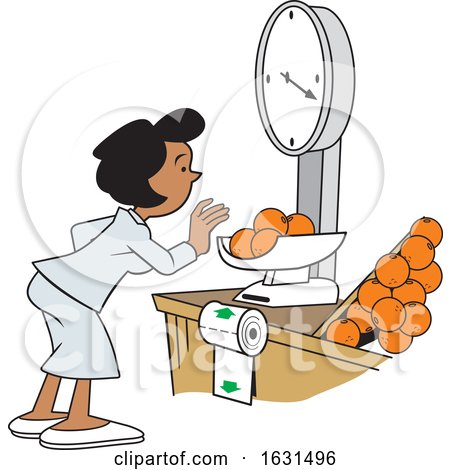 Black Woman Weighing Oranges on a Grocery Store Scale by Johnny Sajem