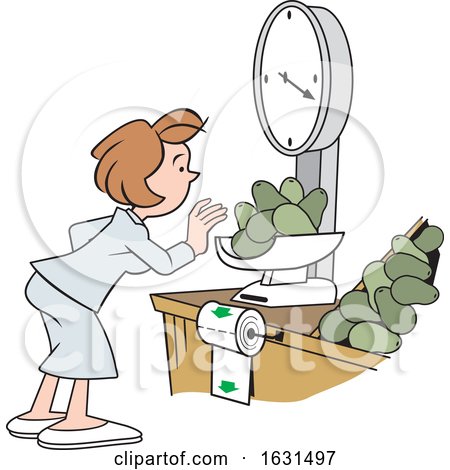 White Woman Weighing Avocados on a Grocery Store Scale by Johnny Sajem