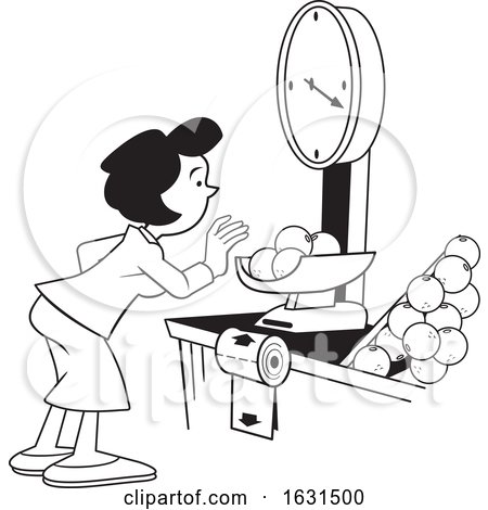 Black and White Woman Weighing Oranges on a Grocery Store Scale by Johnny Sajem