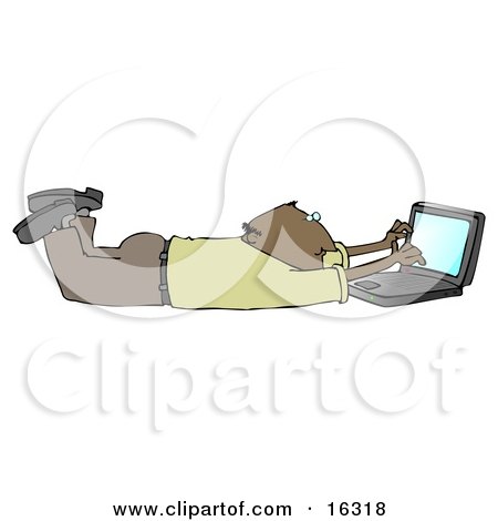 Clipart Illustration Image of a Balding African American Businessman In A Green Shirt And Slacks, Lying On His Stomach While Typing On A Laptop Computer That Is Set On Wireless Internet by djart