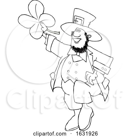 Cartoon Black and White St Patricks Day Leprechaun Holding up a Four Leaf Clover by djart