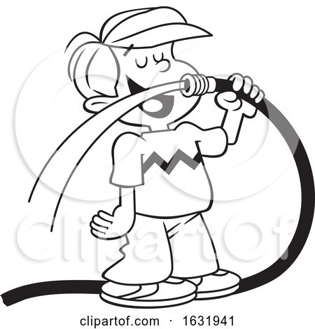 Cartoon Black and White Boy Drinking Water from a Garden Hose by Johnny Sajem