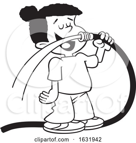 Cartoon Lineart Black Girl Drinking Water from a Garden Hose by Johnny Sajem