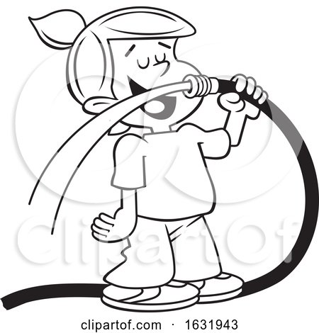 Cartoon Black and White Girl Drinking Water from a Garden Hose by Johnny Sajem