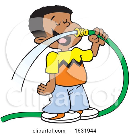 Cartoon Black Boy Drinking Water from a Garden Hose by Johnny Sajem