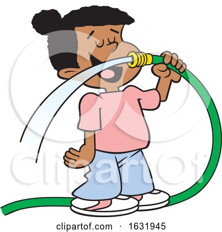 Cartoon Black Girl Drinking Water from a Garden Hose by Johnny Sajem
