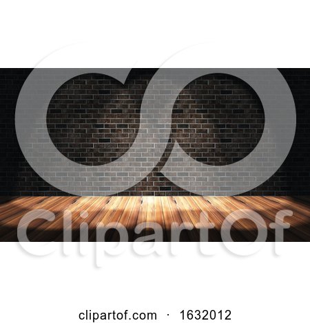 3D Grunge Interior with Brick Wall, Wooden Floor and Spotlights by KJ Pargeter