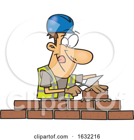Cartoon White Male Mason Contractor Laying Bricks by toonaday