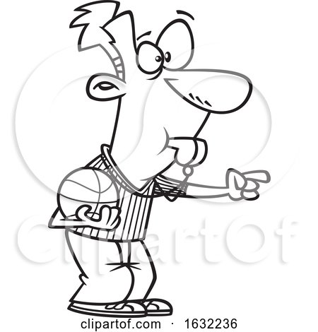 Cartoon Outline Male Basketball Referee Blowing a Whistle and Pointing by toonaday