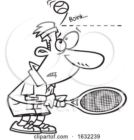 Cartoon Outline Male Tennis Player Being Bonked in the Head with a Ball by toonaday