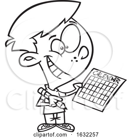 Cartoon Outline Boy Writing a Schedule in His Calendar by toonaday