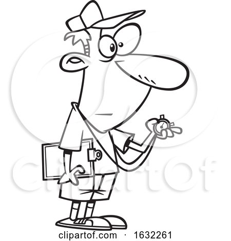 Cartoon Outline Male Track Coach Holding a Stopwatch by toonaday
