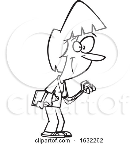 Cartoon Outline Female Track Coach Holding a Stopwatch by toonaday