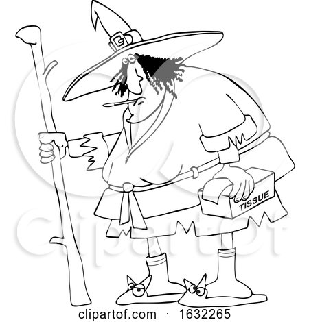 Black and White Sick Witch with a Thermometer in Her Mouth and Tissues in Hand by djart