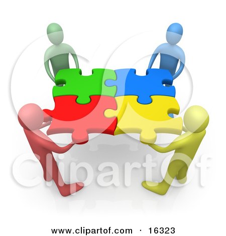Team Of Diverse People Holding Up Connected Pieces To A Colorful Puzzle, Symbolizing Excellent Teamwork, Success And Link Exchanging  Posters, Art Prints
