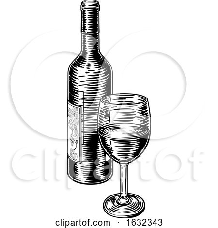 Wine Bottle and Glass Vintage Woodcut Engraving by AtStockIllustration