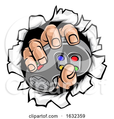 Gamer Hand and Video Game Controller Breaking Wall by AtStockIllustration