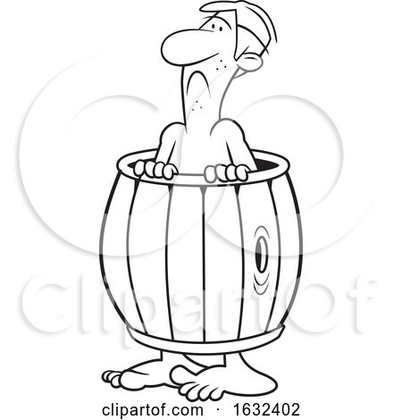 Cartoon Black and White down and out Man Wearing a Barrel by Johnny Sajem