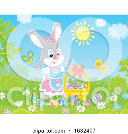 Female Bunny Rabbit with a Easter Eggs on a Sunny Day by Alex Bannykh
