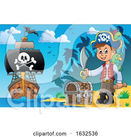 Pirate on a Beach with Treasure and Ship in the Distance by visekart