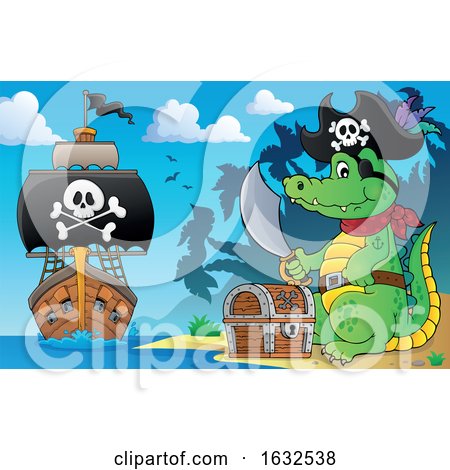 Pirate Crocodile on a Beach with Treasure and Ship in the Distance by visekart