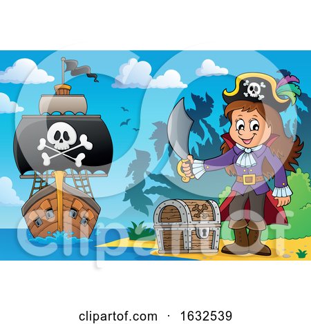 Pirate Girl on a Beach with Treasure and Ship in the Distance by visekart