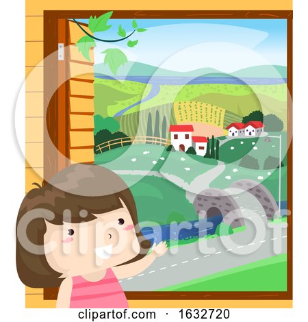 Kid Girl Rural Window Scene Illustration by BNP Design Studio