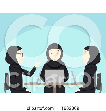 Girls Hijab Laptop Discuss Qatar Illustration by BNP Design Studio