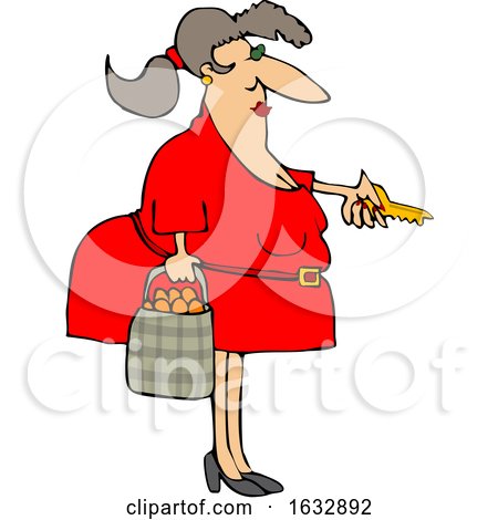 Cartoon Chubby White Woman Holding a Bag of Oranges and Unlocking a Door by djart
