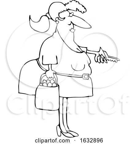 Cartoon Black and White Chubby Woman Holding a Bag of Oranges and Unlocking a Door by djart