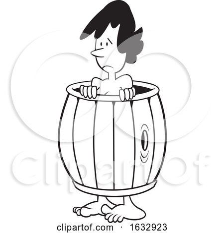 Cartoon Black and White down and out Woman Wearing a Barrel by Johnny Sajem