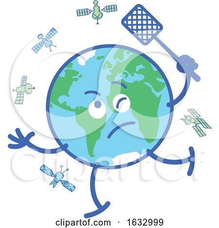 Earth Globe Character Swatting at Satellites by Zooco