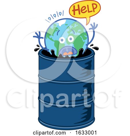 Earth Globe Character Asking for Help While Drowning in an Oil Barrel by Zooco