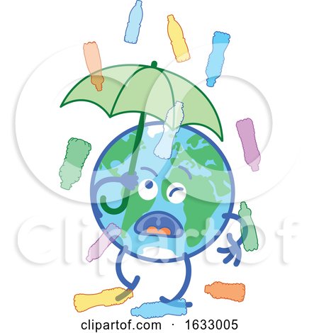 Earth Globe Character Holding an Umbrella in Rain of Water Bottles by Zooco