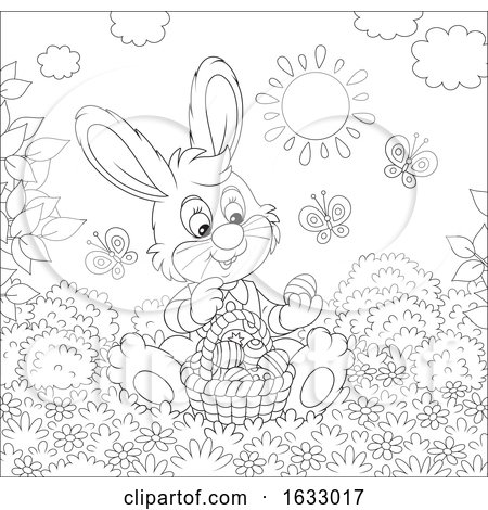 Black and White Easter Bunny Sitting with a Basket of Eggs by Alex Bannykh