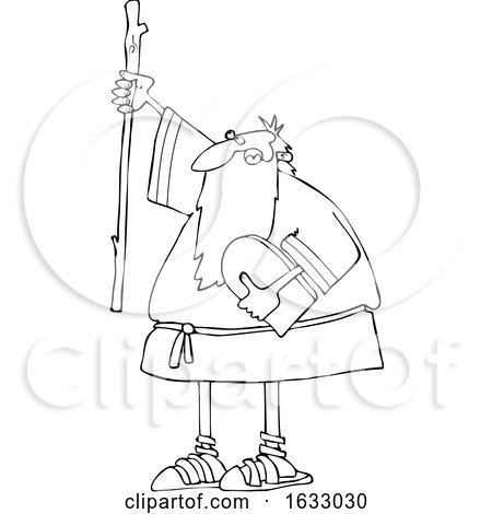 Cartoon Black and White Moses Holding up a Stick and the Ten Commandments Tablet by djart