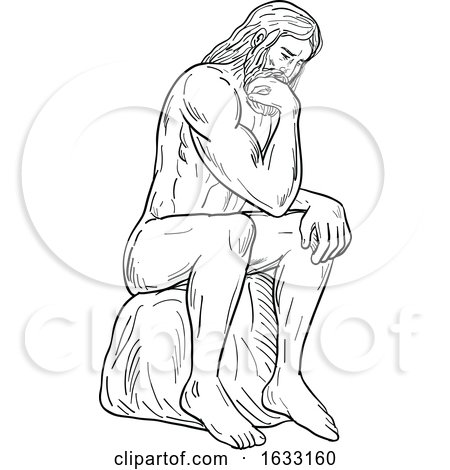 Man with Beard Sitting Thinking Drawing Black and White by patrimonio