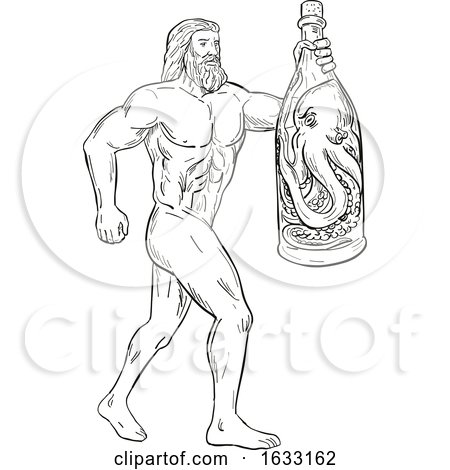 Hercules with Bottled up Angry Octopus Drawing Black and White by patrimonio