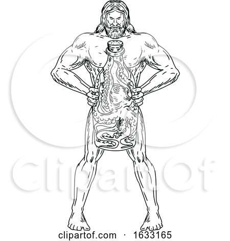 Hercules Hold Bottle Octopus Inside Drawing Black and White by patrimonio