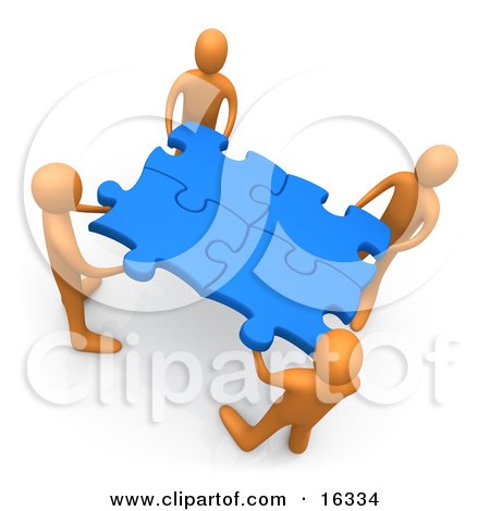 Team Of Four Orange People Holding Up Connected Pieces To A Gold Puzzle, Symbolizing Excellent Teamwork, Success And Link Exchanging Clipart Illustration Graphic by 3poD