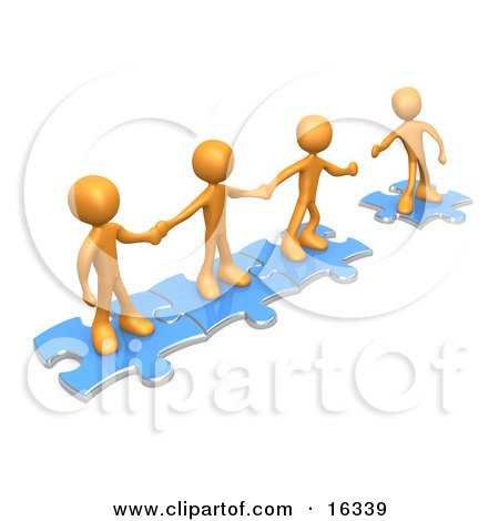 Team Of Three Orange People Holding Hands And Standing On Blue Puzzle Pieces, With One Man Reaching Out To Connect Another To Their Group  Posters, Art Prints