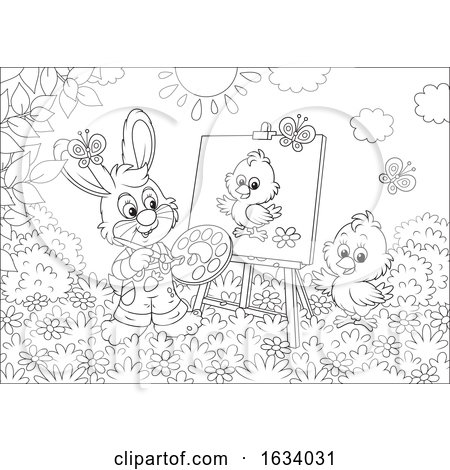 Black and White Bunny Rabbit Painting a Chick on a Canvas by Alex Bannykh