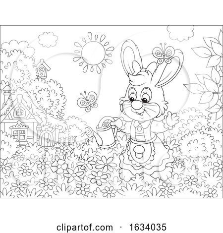 Black and White Female Bunny Rabbit Watering a Flower Garden by Alex Bannykh