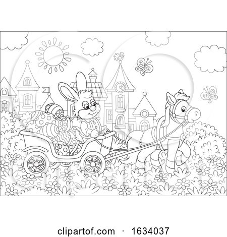 Black and White Bunny Rabbit in a Horse Cart of Easter Eggs by Alex Bannykh