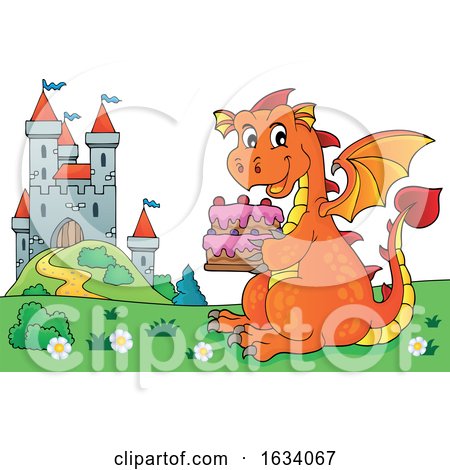Dragon Holding a Birthday Cake by a Castle by visekart