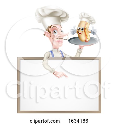 Hotdog Cartoon Chef Pointing by AtStockIllustration