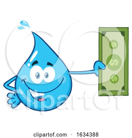 Water Drop Mascot Character Holding Cash Money by Hit Toon